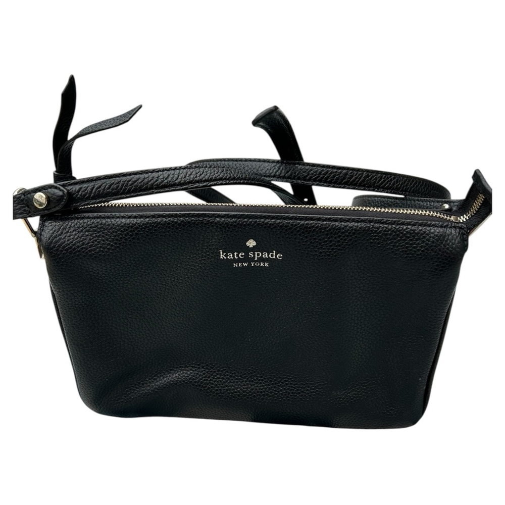 Kate Spade New York Leila triple gusset crossbody bag in black pebbled leather.
